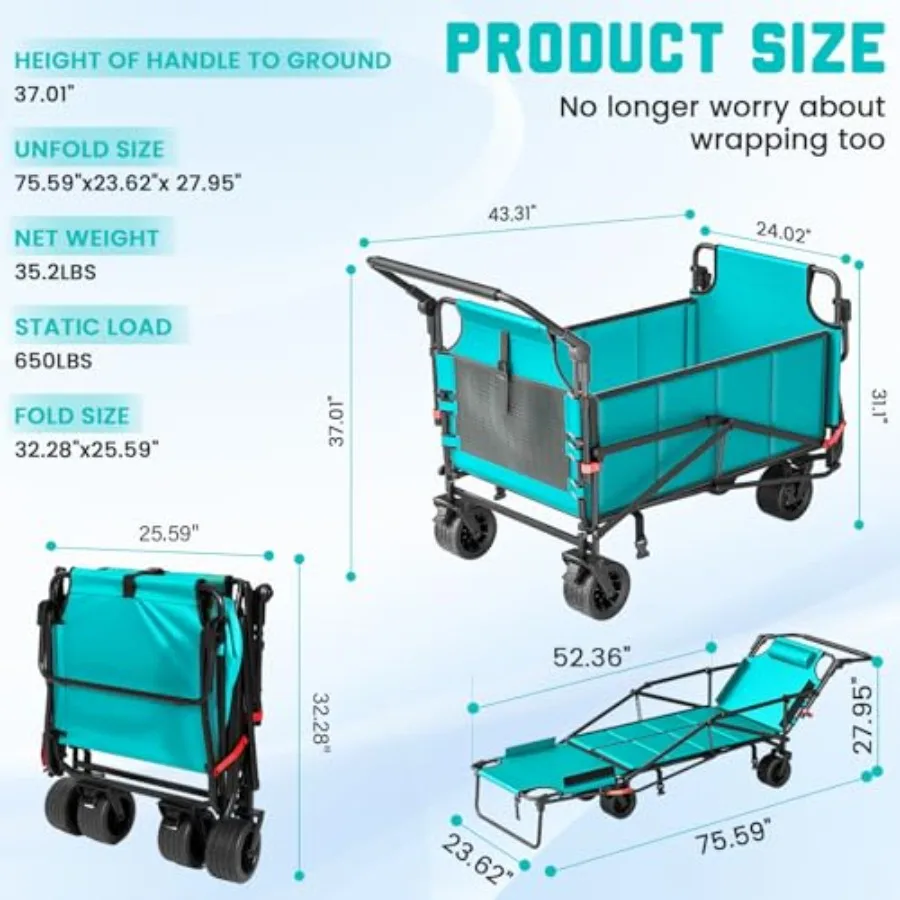 Heavy Duty Folding Wagon for outdoor home use, steel frame, azure, 650lb capacity, all-terrain wheels with brakes and side pock