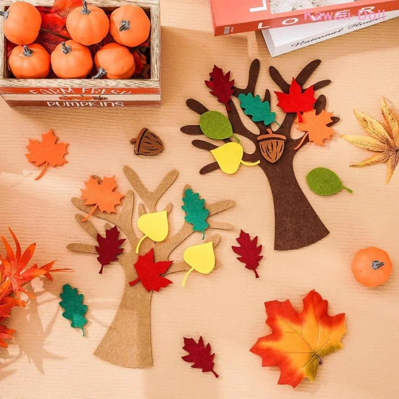 [DO]48Pcs Felt Tree DIY Craft Kit Autumn Leaf Non Woven Ornament Reusable Wall Hanging Decor For Thanksgiving Home Party[DO]