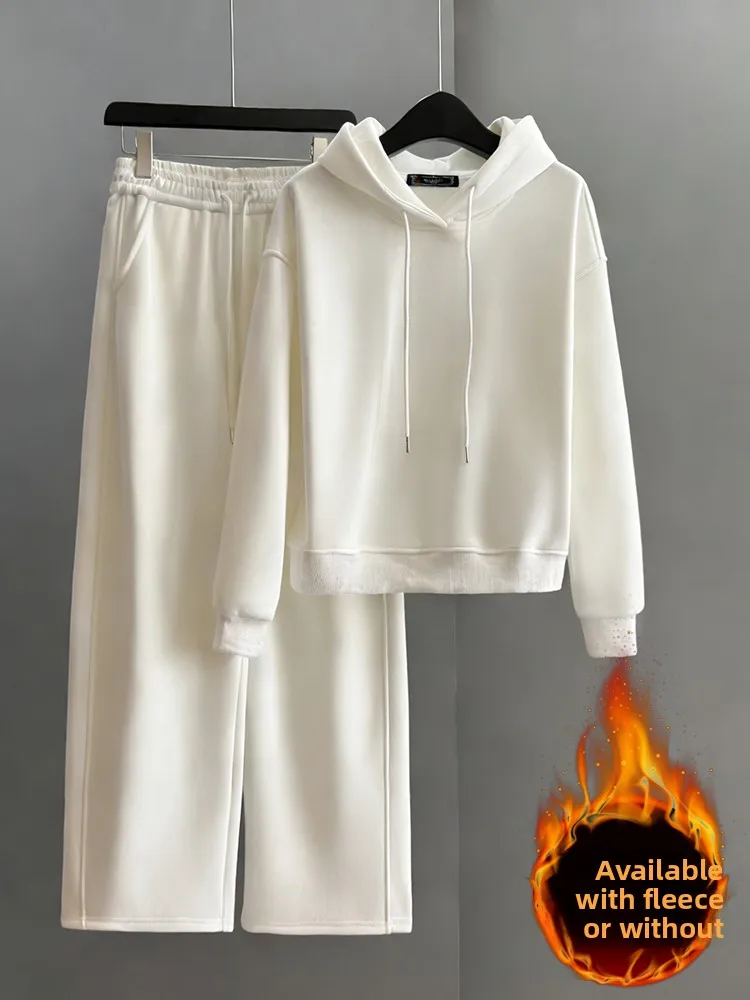 

Winter 2026 Women's Casual Sportswear Set Fashionable Youthful Fleece Hoodie Wide Leg Pants Two Piece Ensemble Comfortable