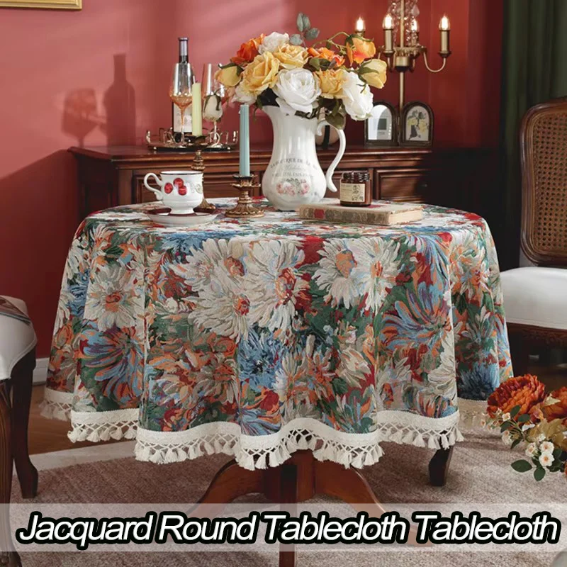 American Vintage Jacquard Round Tablecloth Flower Pattern Yarn-Dyed Cross Tassel Table Decoration Cloth Tablecloths Decor Home