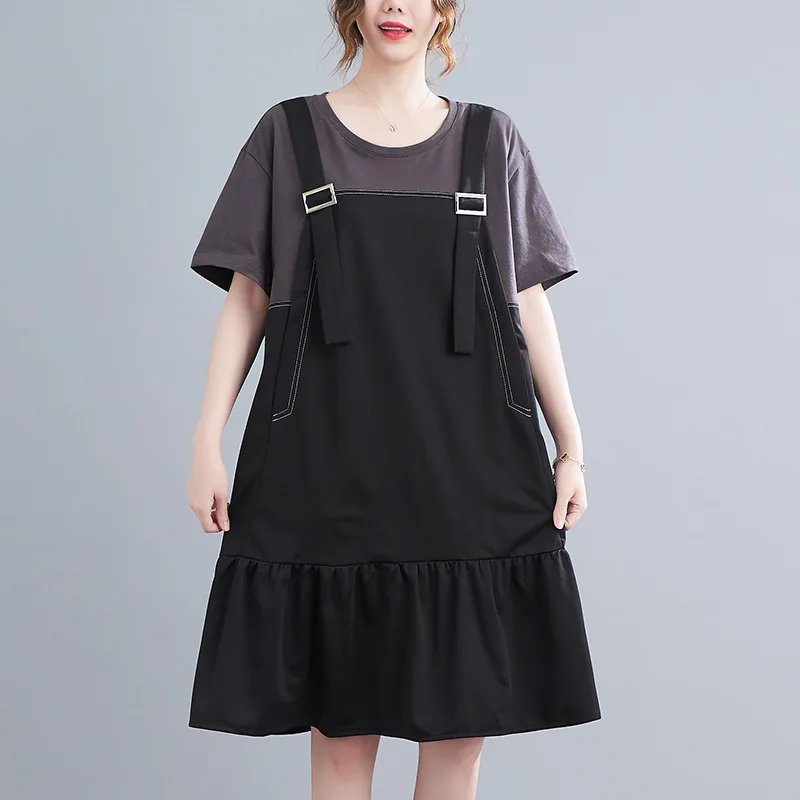 160Kg Bust 160 Large Size Women\'s Summer New Loose Short Sleeve Fake Two Piece Strap Dress Black 6XL 7XL 8XL 9XL 10XL