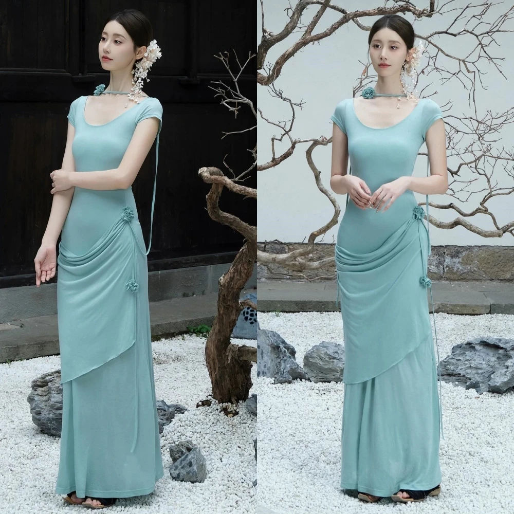 Abito da sera formale elegante con girocollo dritto personalizzato, maniche corte, abiti da celebrità di alta qualità, abito da festa alla moda