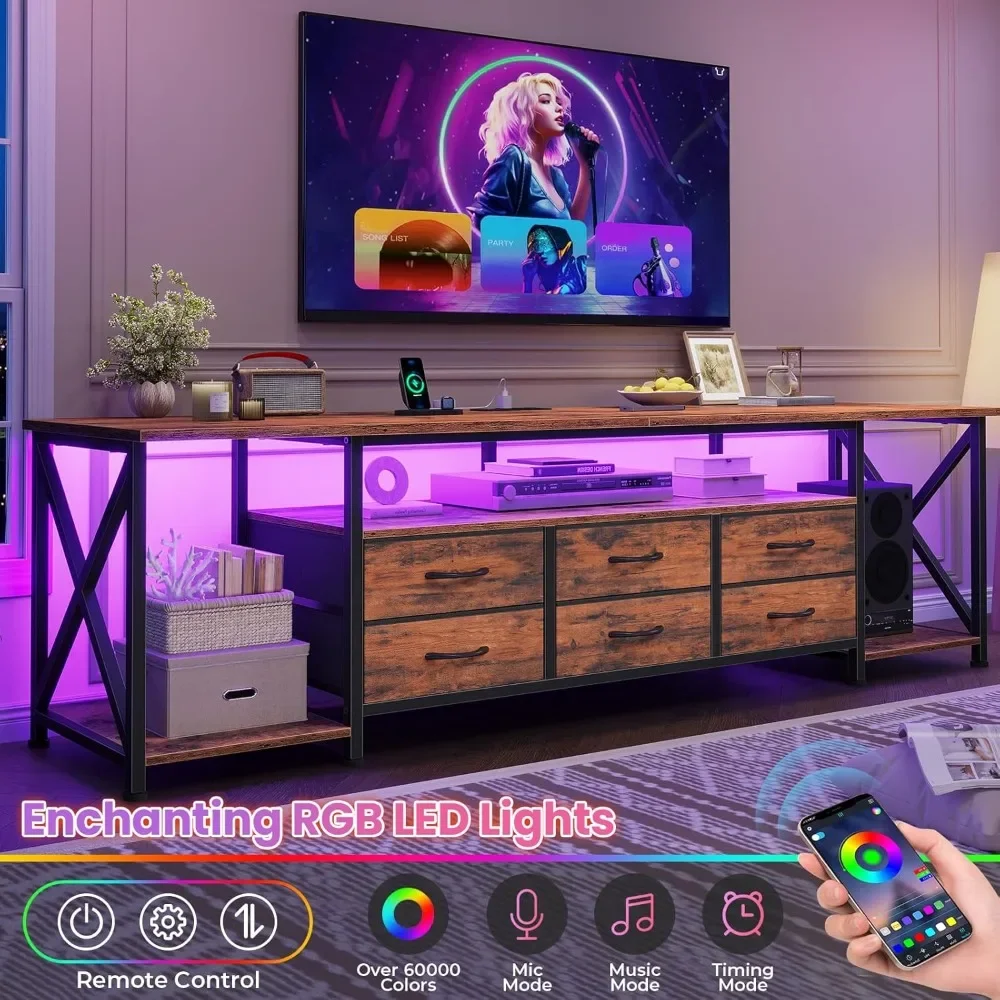 

TV Stand with LED Lights & Power Outlets, for TVs Up To 85 Inches, 6 Drawers Entertainment Center with Open Storage