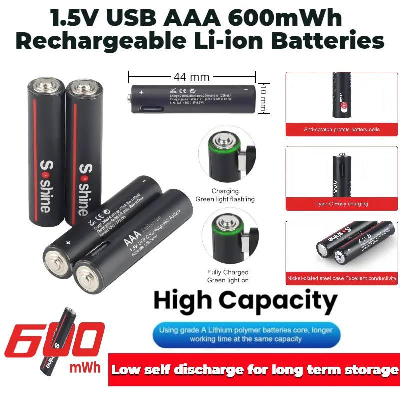 

AAA Rechargeable Batteries USB-C Li-ion 1.5V 600mWh with 4-in-1 Charging Cable for Flashlight Toys Camera Remote Control