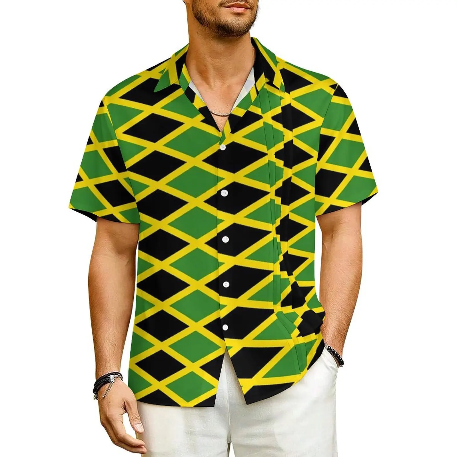 

Jamaica Flag Hawaiian Shirt For Mens Vacation Black Green Yellow Casual Shirts Short-Sleeved Breathable Loose Plus Size Blouses