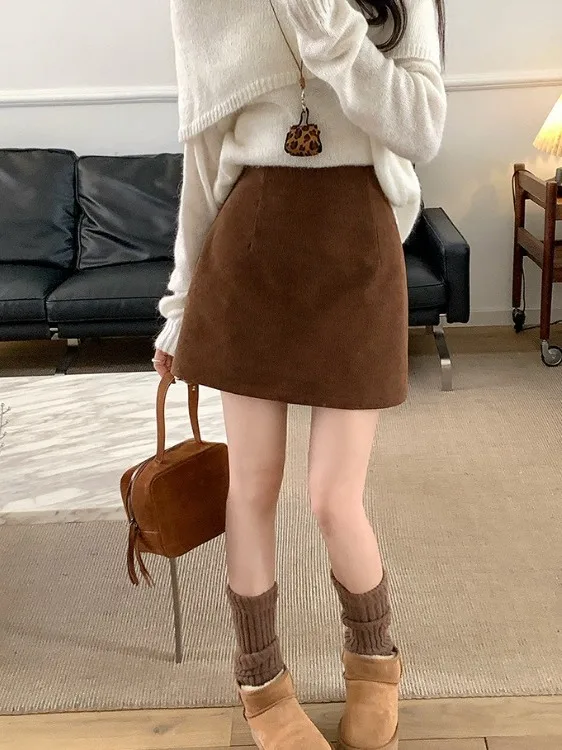 

plus Size Women's American Retro Brown Woolen Skirt High Waist A-Line ort Skirt Autumn New Sle Commute Slim Fit
