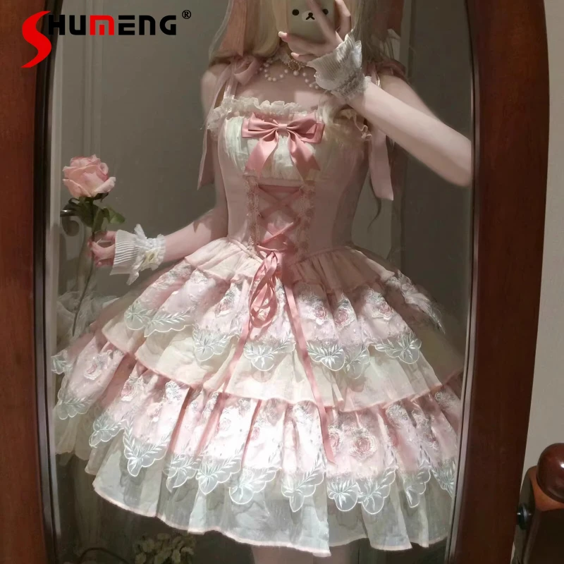 

Lolita Y2k Design JSK Strap Dress Ballet Style Daily Wear Birthday Party Princess Dresses Japanese High-waisted Lace-up Vestidos