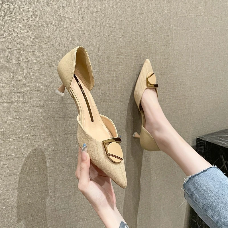 

Women's low-heeled shoes2026Spring new style metal buckle fresh and trendy professional pointed-toe stiletto high heels