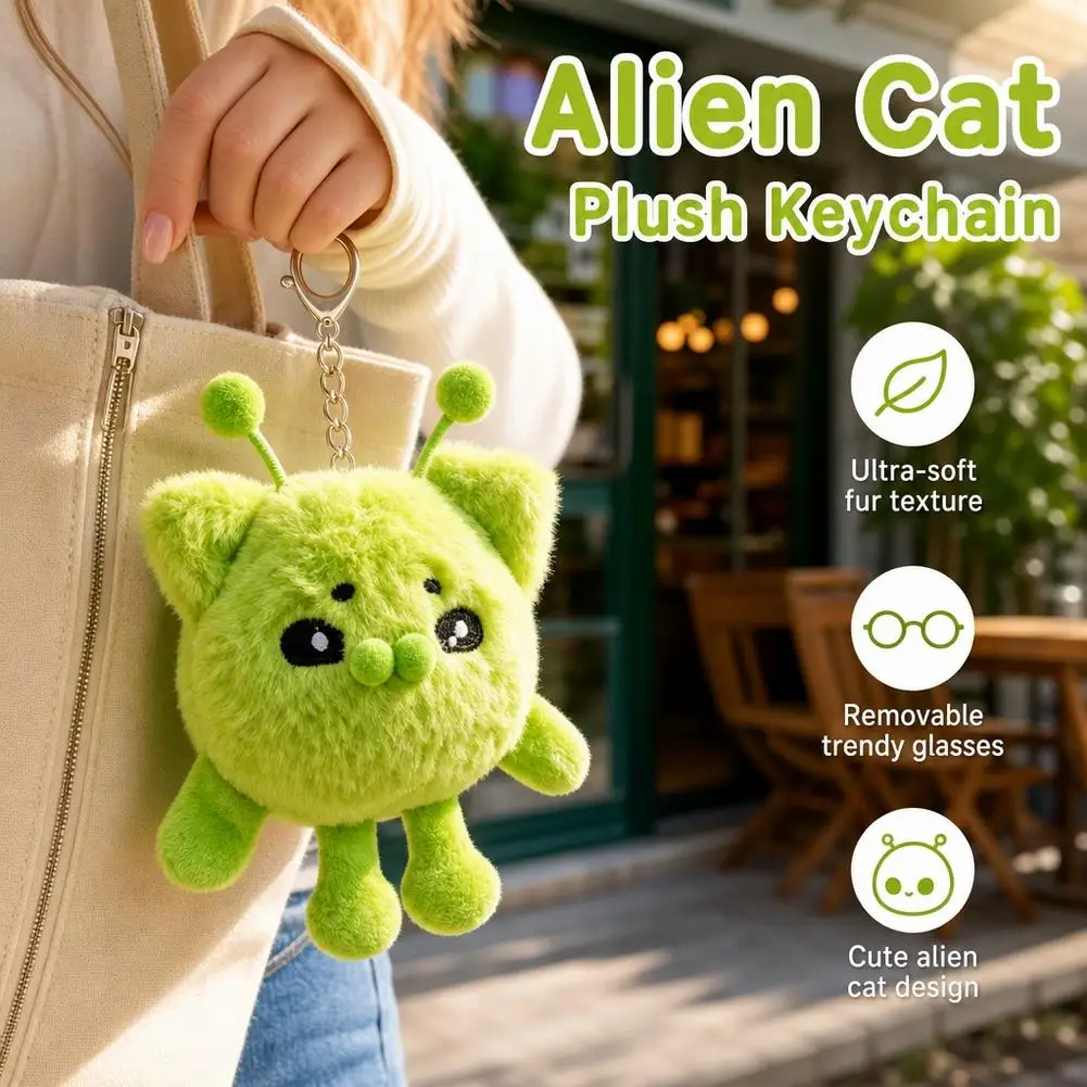 Cute Alien Cat Plush Keychain Green Cat Plush Toy Doll Pendant Backpack Ornament Soft Stuffed Animal Keyring Girls Gift