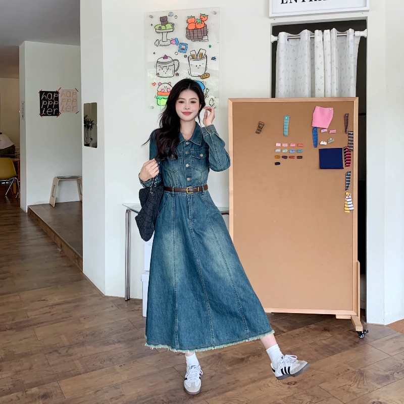Plus Size Denim Dress Women\'s Casual Long Sleeve Jeans Robe Autumn Winter Female Vestidos with Belt Clothes KE9180