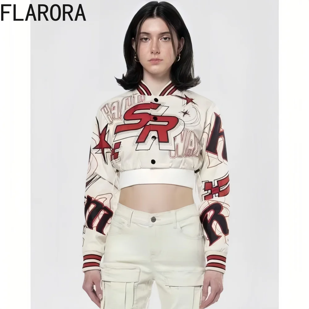 FLARORA Retro Letter Print Embroidered Baseball Jackets Woman Long Sleeve Stand Collar Crop Coat Autumn Y2k Streetwear Jacket