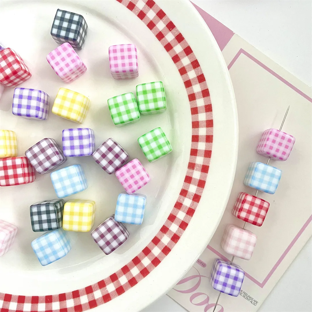 10PCS 14x14mm Acrylic Versatile Colorful Square Plaid Beads Phone Strap Stringing DIY Handmade Accessories Material Kit