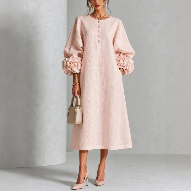 Vestido Elegante Francés para Mujer, Cuello Redondo, Manga Farol con Flores Tridimensionales, Botones, Corte Holgado y Recto, Midi, Vestido de Fiesta Discreto