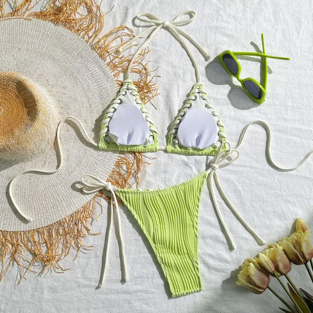 

New Wrinkled Bikini Two Piece Set Weave Braided Rope Swimwear Beachwear Women