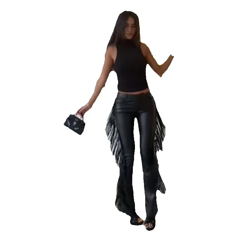 Y2k High-Waist Fransen-Kunstleder-Schlaghose für Damen mit seitlichem Quastendesign, schmale Bootcut-Lederhose für Party, Club und Streetwear.