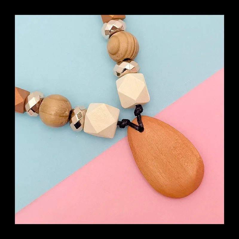 الرجعية العرقية نمط الخشب الطبيعي مطرز قلادة المرأة قطرة الماء الخشبية قلادة الترقوة سلسلة مجوهرات #3