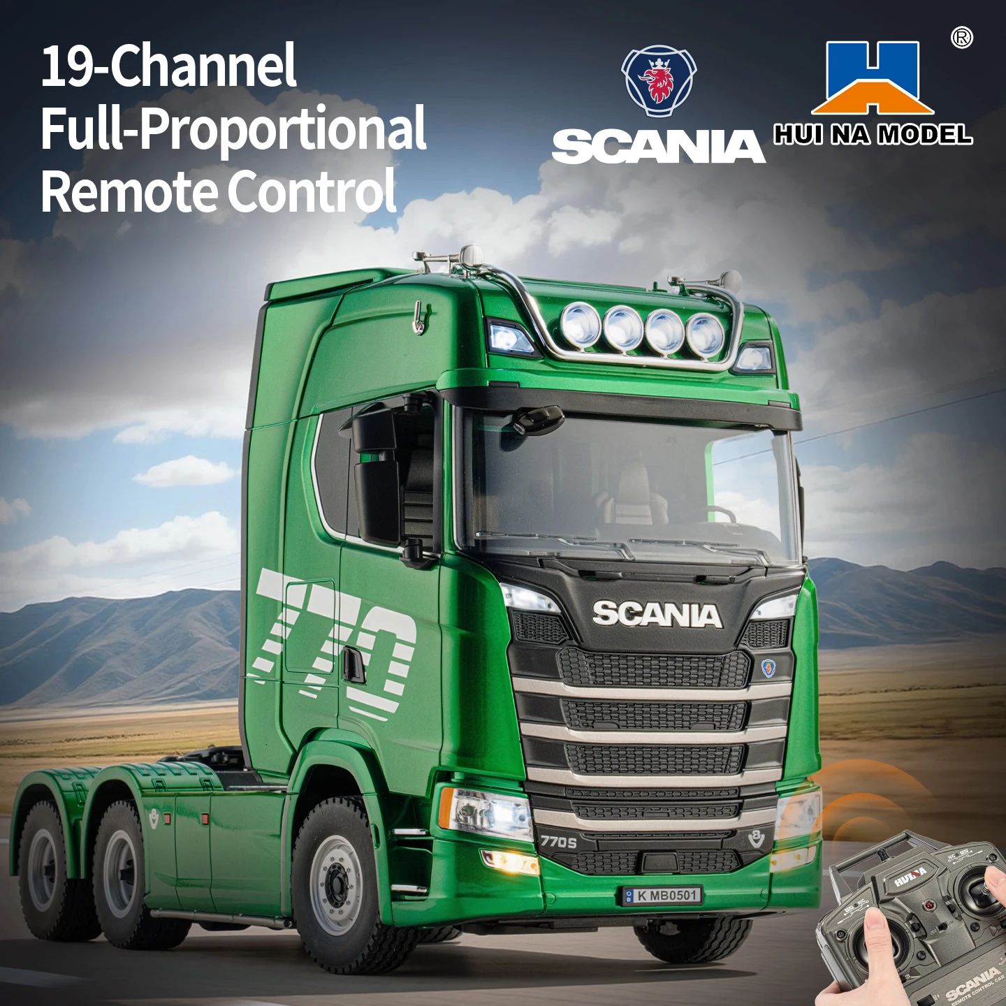 Huina 19 channel 1501pro green Scania 770s RC truck high-strength trailer model tractor toy children's and adult high-end gifts
