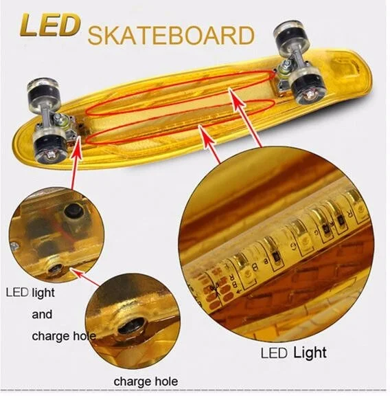 Funshion-Tabla de skate transparente para niños, monopatín LED de 27 pulgadas, con certificado MSDS