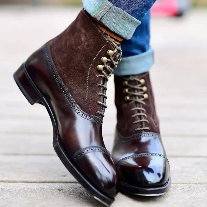 Men Short Boots Brown Bullock Flock Lace-up Square Toe Handmade Business Ankle Shoes for Men with  Zapatos Hombre