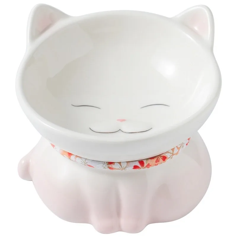 Hot Sale Ceramic Cat Bowl Eco-friendly Solid Design Neck Support Anti-tip Elevated Sloping Edge Small Pet Feeding Plate Food