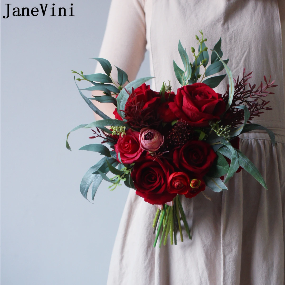 JaneVini Vintage Red Rose Wedding Bouquet for the Bride Bridesmaids Flowers Bridal Bouquets Artificial Handmade Bouquet Fleur