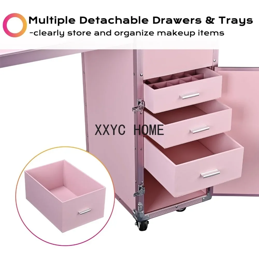 Rolling Manicure Table Foldable Nail Table Makeup Train Case with Desk Cosmetic Trolley Travel Storage Organizer