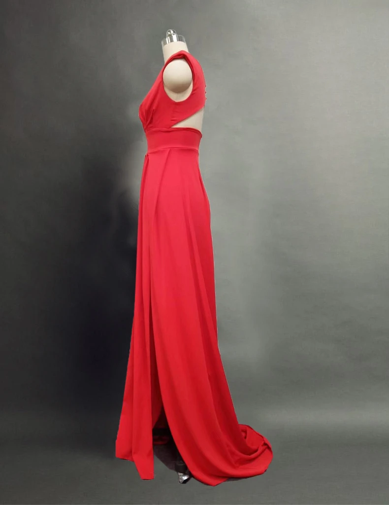 Open Back V Neck Sweep Train Elegant Cap Sleeve A-line Split Long Formal Evening Dress