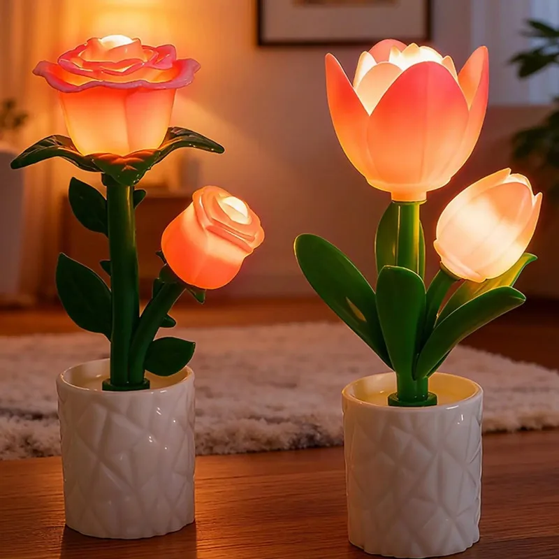 Creative Ornament Tulip Flower Sea Building Blocks Night Light Handmade Rose Ornament LED Atmosphere Desk Lamp