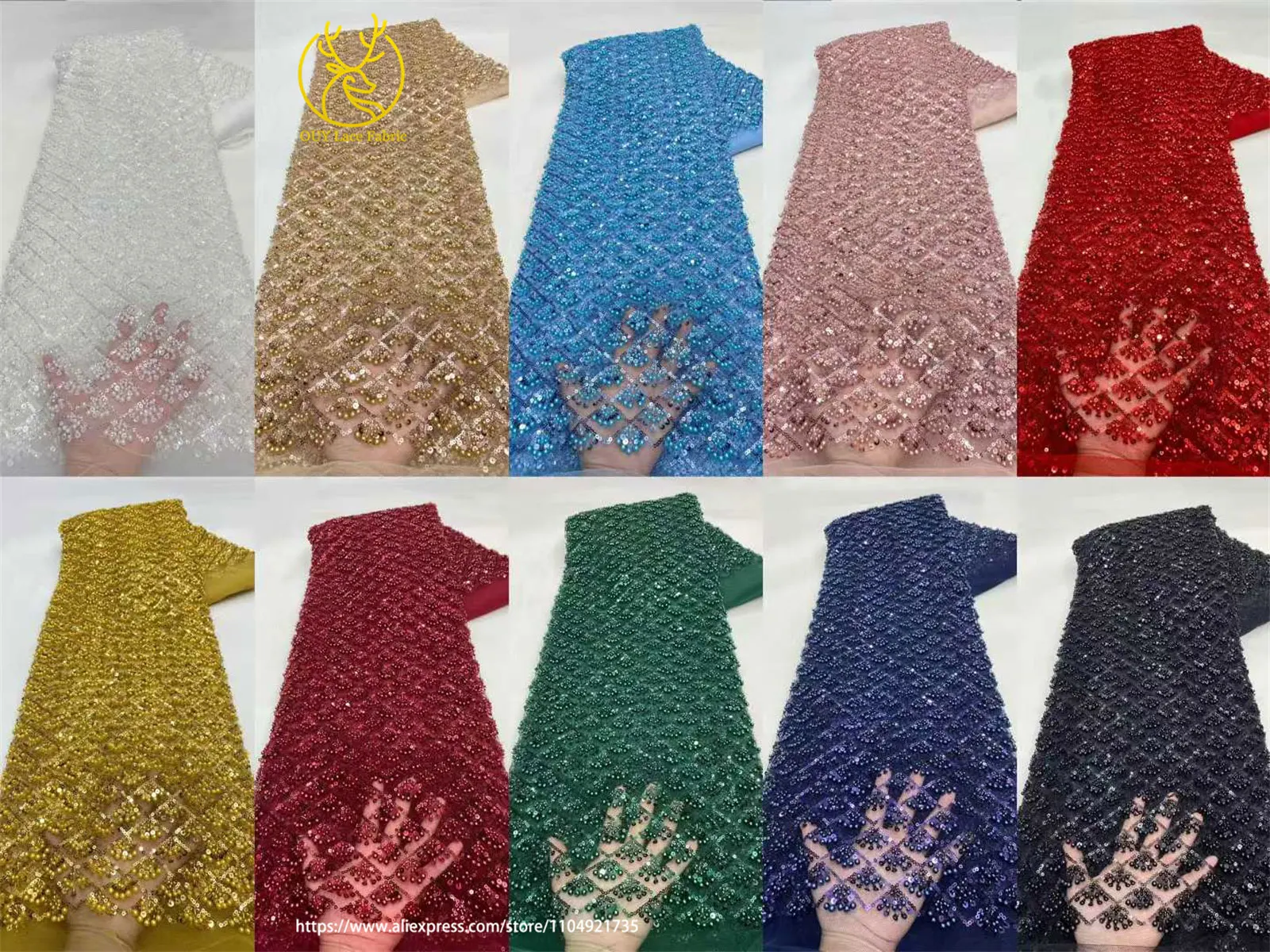 Afrikanischer Perlen-Spitzenstoff 2026 Himmelblau Neueste Nigerianische Französische Pailletten-Tüllspitze Brautkleid Hochzeitskleid Material – Detail 3