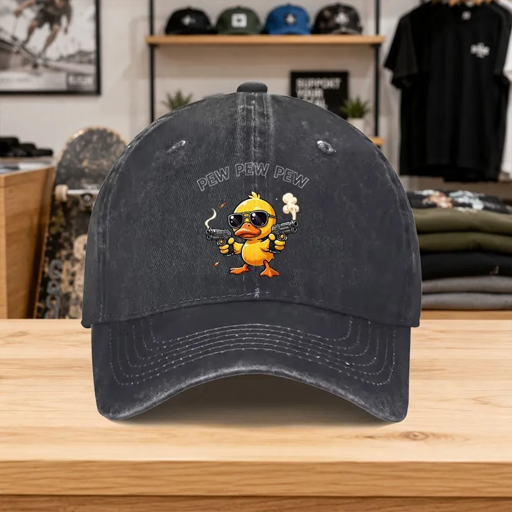 Gun-Wielding Duck Graphic Washed Baseball Cap Unisex Versatile Hat for Outdoor Sports Casual Wear