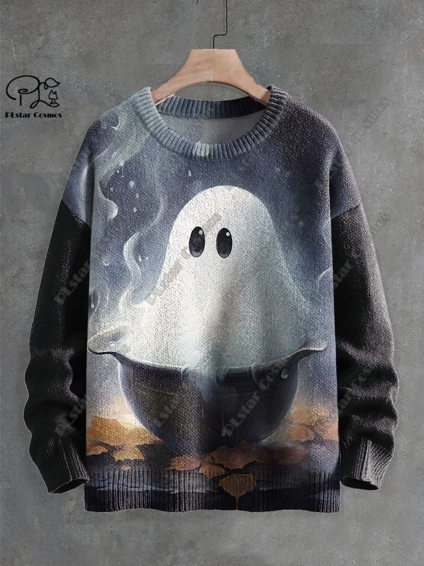 3D Printing Halloween Custom Series Horror Ghost Skull Witch Black Cat Pattern Ugly Sweater Street Casual Winter Sweatshirt W-8