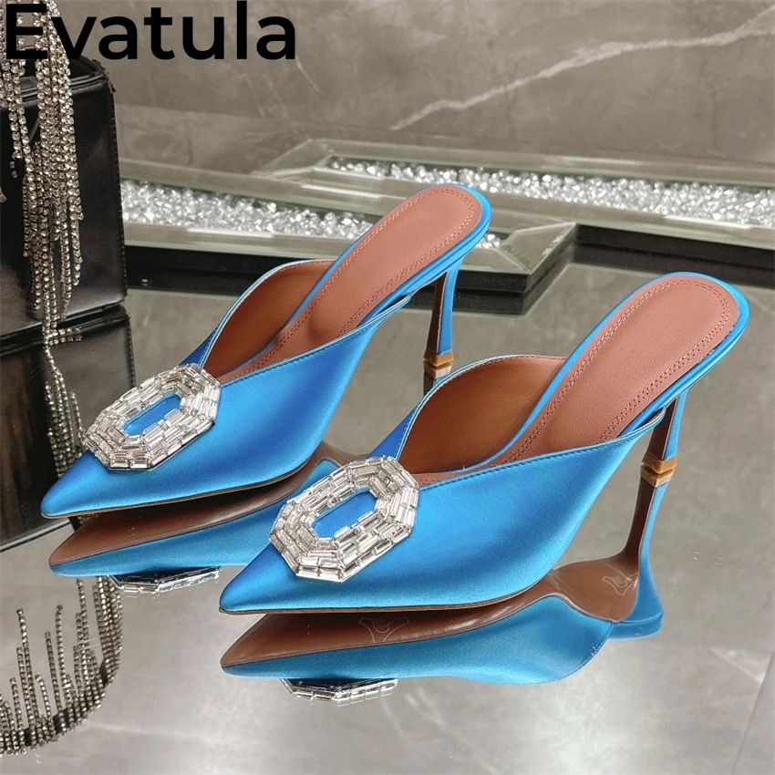 2025 Summer Fashion Rhinestone Thin High Heel Half Slippers Women Pointy Wrap Toe Crystal Mules Sexy Runway Party Shoes Female