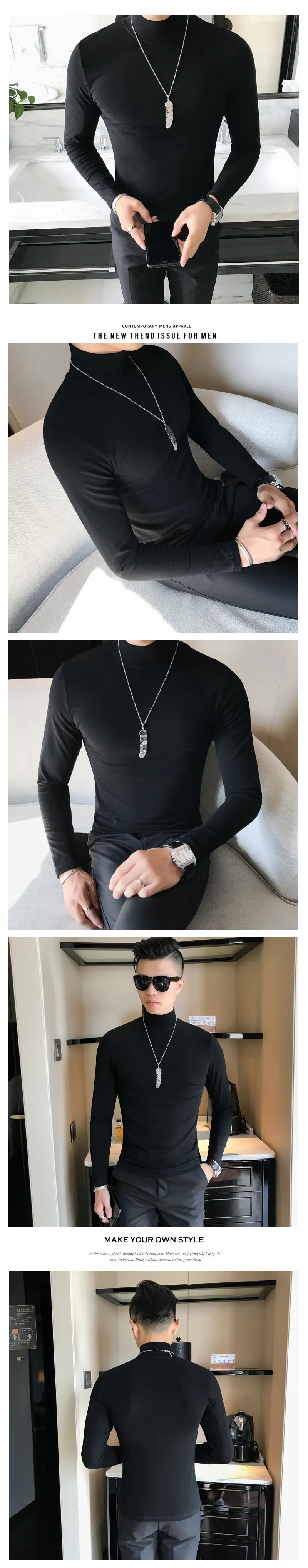 Frühling Neue männer Rollkragen T-shirt Langarm Slim Fit Einfarbig Hohe Elastische Bodenbildung Pullover Grundlegende Stil Männliche Tops – Detail 2