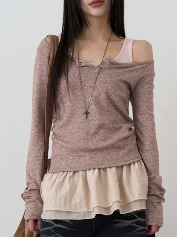 

Dongda Gate 2025 Spring Summer New Sle Long Sve Slim Fit T-irt with Lace Hem And Color Blo Design Cute Sle Knitted...