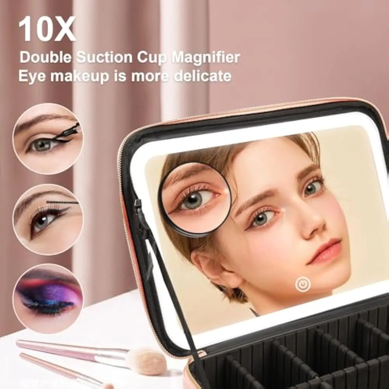 Duża kosmetyczka podróżna z lusterkiem LED dla kobiet, z lusterkiem powiększającym 10x i regulowanymi przegródkami.