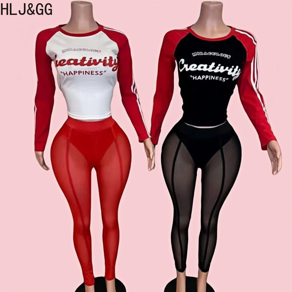 HLJ&GG Retro American Letter Printing Two Piece Sets Women Round Neck Long Sleeve Top And Mesh See Though Pants Outfits 2025 New