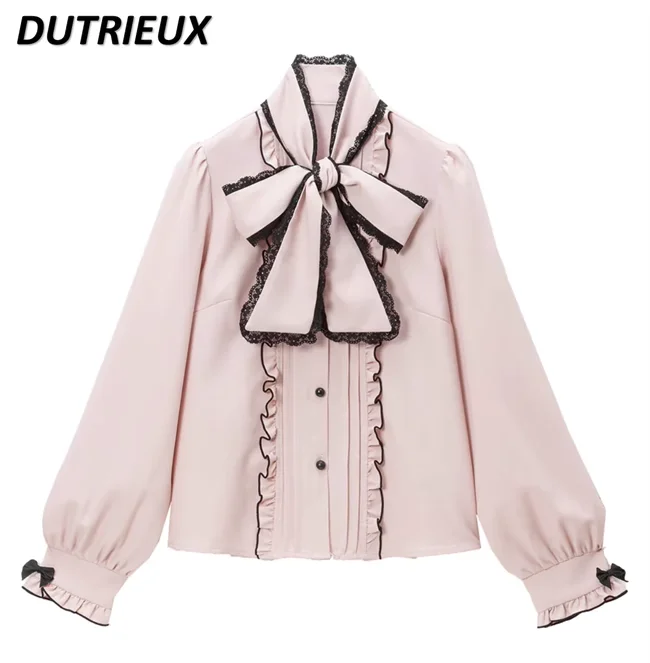 ญี่ปุ่น Lolita สไตล์อเนกประสงค์หวานสบายๆเสื้อโบว์ใหญ่ขอบลูกไม้สีทึบ Bottoming เสื้อแขนยาวสําหรับผู้หญิง