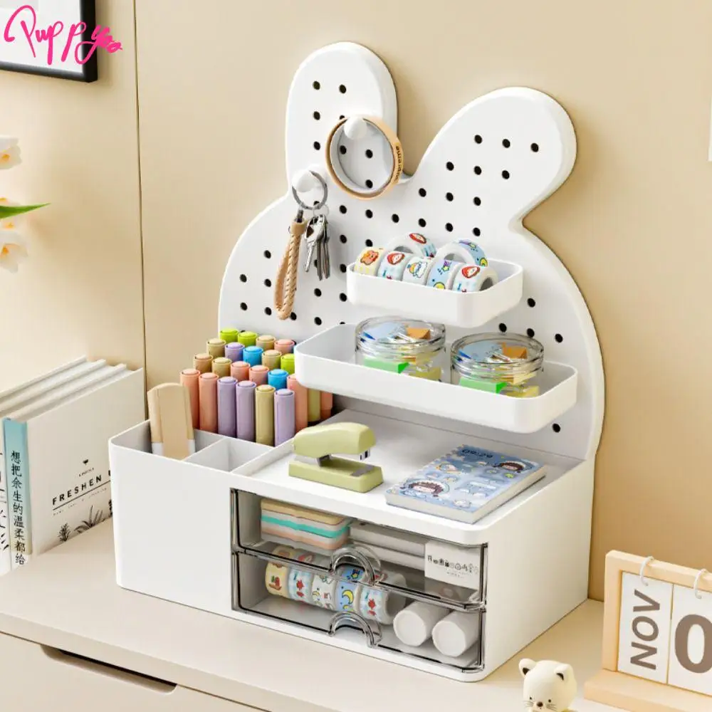 Large Capacity Desktop Organizers with Drawers with 2 Hooks Multifunction Desktop Hole Board Display Stand Rabbits Kawaii