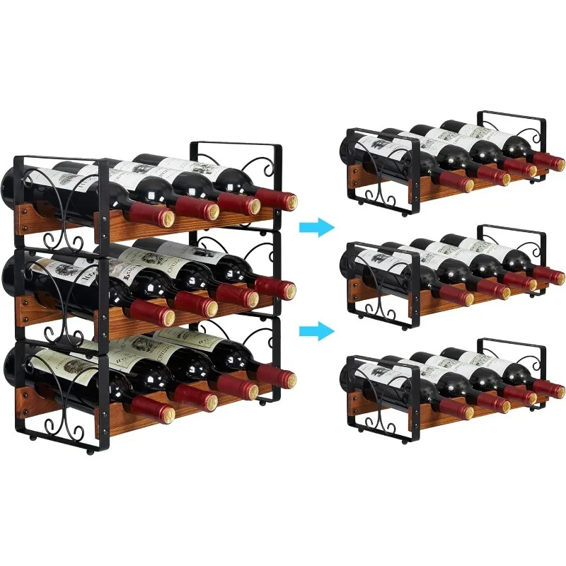 3 Tier Wine Rack for 12 Bottles, Stackable Wine Organizer, Freestanding Wine Bottle Holder for Kitchen Counter or Bar, Durable