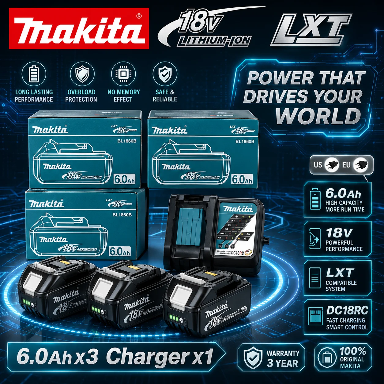 100 % originaler wiederaufladbarer 18-V-6,0-Ah-Akku von Makita, für Makita BL1830 BL1830B BL1840 BL1840B BL1850 BL1850B Elektrowerkzeug-Akku