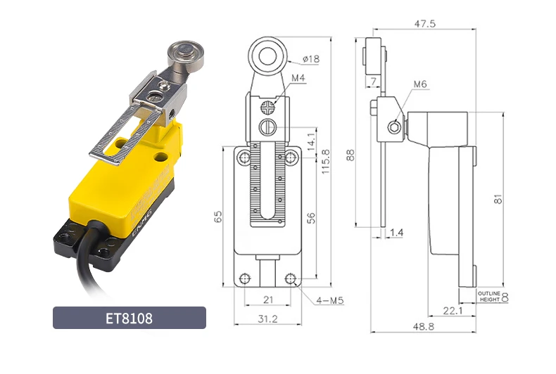 Waterproof ME-8100 Series Limit Switch AC250V 1NO/1NC Self-Reset Touch, Controller with DIN Rail, Mount for Industrial Machine