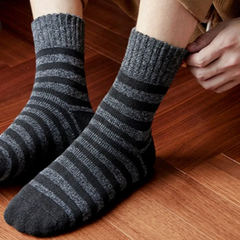 Winter Thick Warm Sock Cold Resistant Black Stripe Cashmere Mid Length Socks Autumn Outdoor Sturdy Breathable Thermal Hosiery