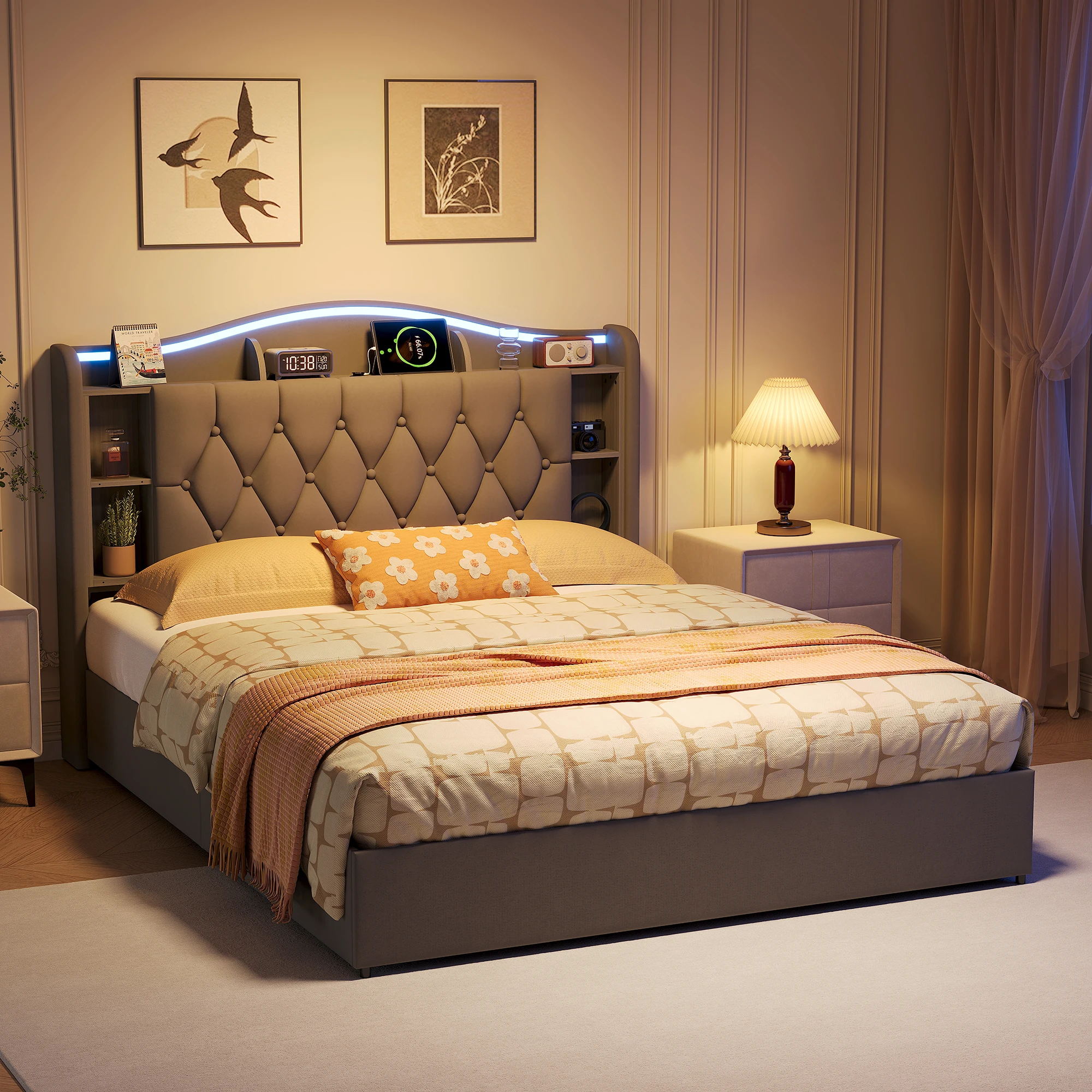 Anajqaqia 140/160×190/200 cm Doppelbett, modernes Multifunktionsbett, Jugendbett, LED-Streifen und kabelloses Laden, Bett aus Leinenstoff