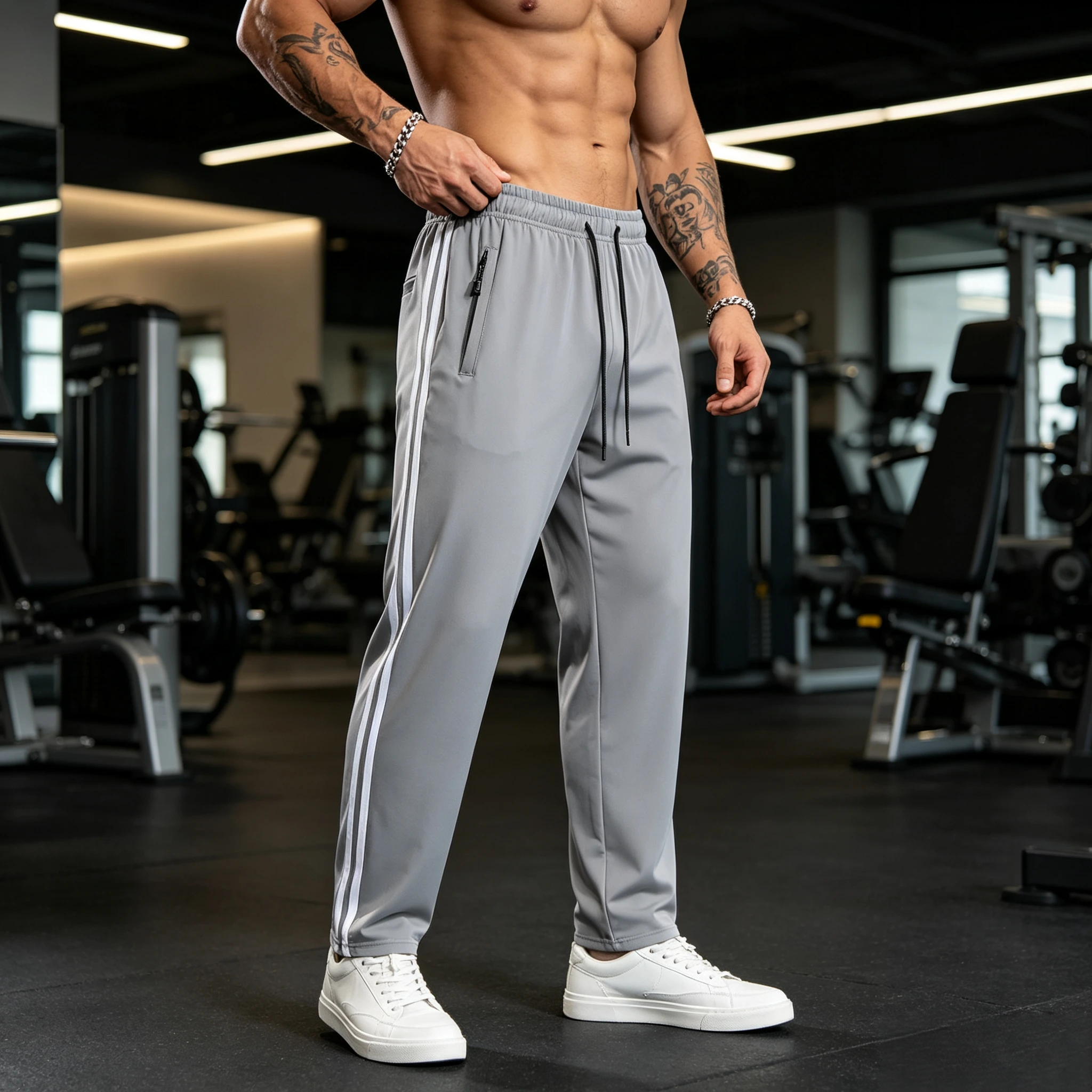 Neue Sommer-Herrenhose aus Eisseide, kühle Hose mit seitlichen Streifen, schwarz-graue, dünne Sporthose, Herren-Fitness-, Bergsteiger- und Wanderhose – Detail 4