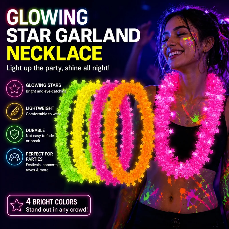 5-Star Flower Garland Glow Necklace with Tassel Neon Blacklight Party Decoration Perfect for Rave Festival Nightclub Glow