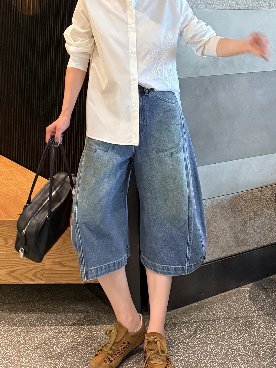 

Винтажные свободные джинсы с широкими штанинами, длиной 7 дюймов, из смесового хлопка, на молнии, удобные, дышащие, повседневные