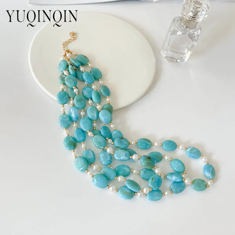 Trendy Bohemia Multilayer Thick Beaded Chain Necklace For Women Big Ocean Blue Necklaces Simple Banquet Neck Fashion Accessories