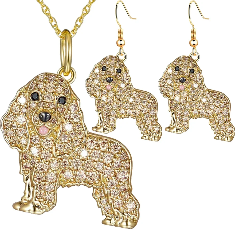 Conjunto de joyería Golden Cocker Spaniel: colgante y aretes de cristal brillante |   Regalo elegante para amantes de los perros para niñas (aniversario/San Valentín)