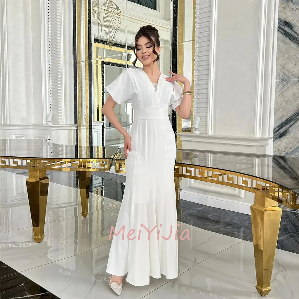 MeiYiJia V-Neck Simple Sash Crepe Ankle-Length Short Sleeves A-Line Saudi Arabia Sexy Evening Birthday Club Outfits Summer 2024