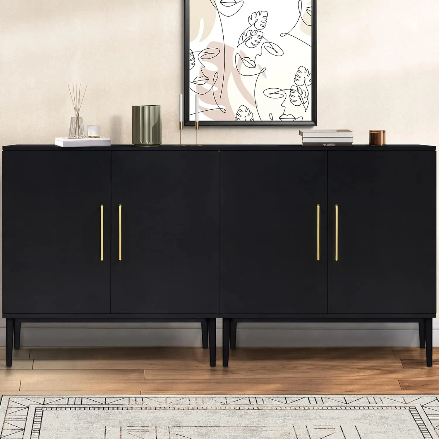 

Set of 2 Black Side Storage Cabinet, Free Standing Cabinets, Wood Accent Cabinet with Doors, Black Sideboard